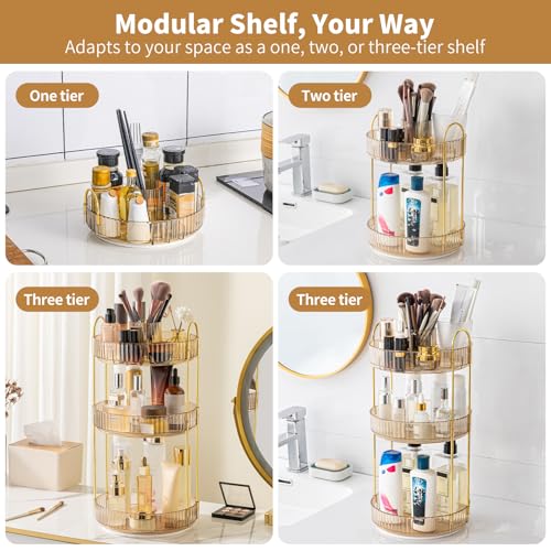 BEFSOP 3-Tier Gold Rotating Makeup Organizer with Brush Holder - Upgraded Clear Cosmetic Storage for Women