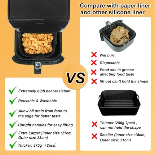 9-Inch Reusable Square Silicone Air Fryer Liners - 2 Pack for 6-8QT Baskets
