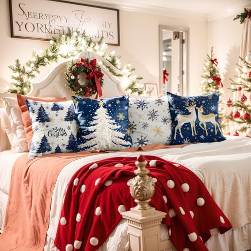 Navy Blue Christmas Throw Pillow Covers Set of 4 18x18 | Velvet Home Decor Pillowcases