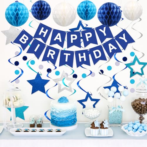 Blue Happy Birthday Party Decorations Set with Banner and Honeycomb Balls