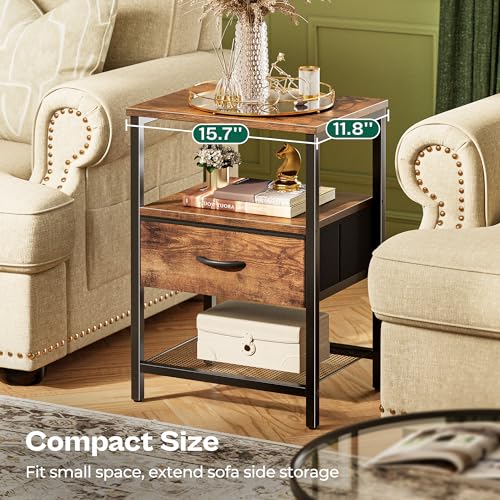 Industrial Nightstand Set of 2 with Fabric Drawer and Mesh Storage Shelf