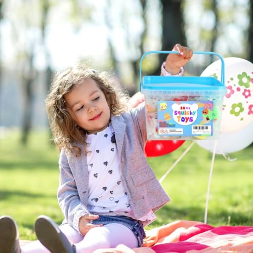80 Pcs Mochi Squishy Toys Bulk Party Favors with Storage Bucket