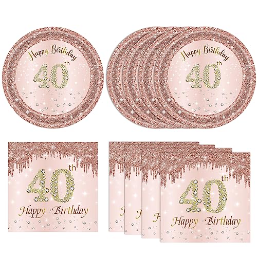 40th Birthday Party Supplies Set, Rose Gold Plates and Napkins for 20 Guests