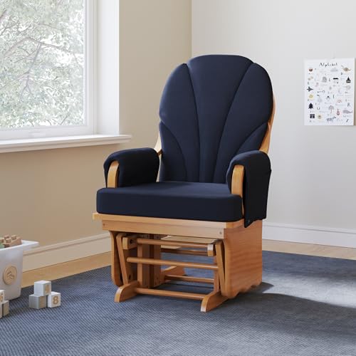 Nursery Glider Rocker Chair with Wood Base and Padded Armrests, Navy