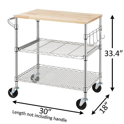 3-Tier Rolling Kitchen Cart with Oak Wood Top, Utility Island with Wheels