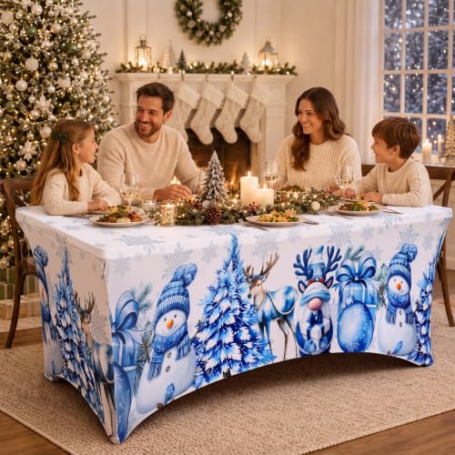 Moukeren 2-Pack Christmas Spandex Tablecloth 6ft Rectangular Blue Snowman (Blue Snowman / Blue White)