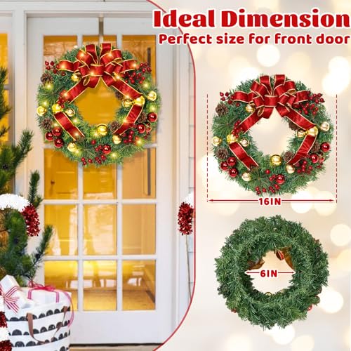 Elyum 16 Inch Christmas Wreath with Lights – 2 Pack Front Door Decor Balls Berries Pine Cones