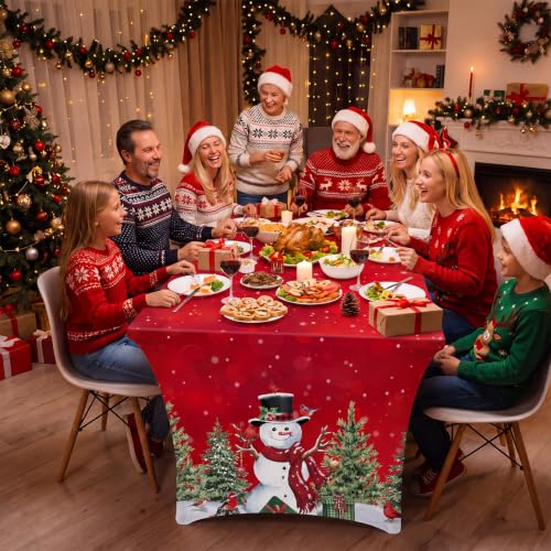 Merry Christmas Stretch Table Cover 2 Pack for 6ft Tables Red Snowman Pine Tree