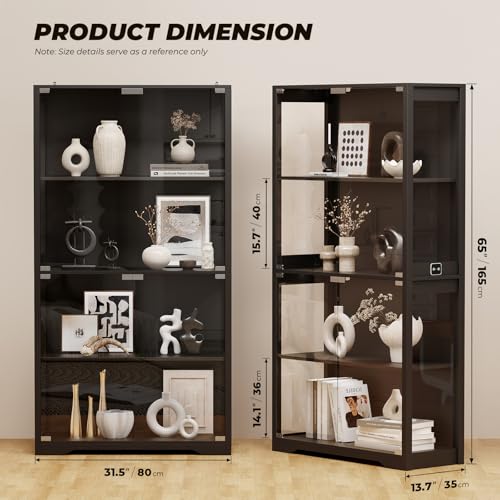 4-Tier Glass Display Cabinet with 3-Color LED Lights, Black Curio Case