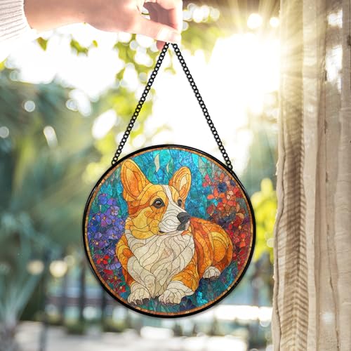 Corgi Flower Stained Glass Suncatcher - 7.9 Inch Window Decor