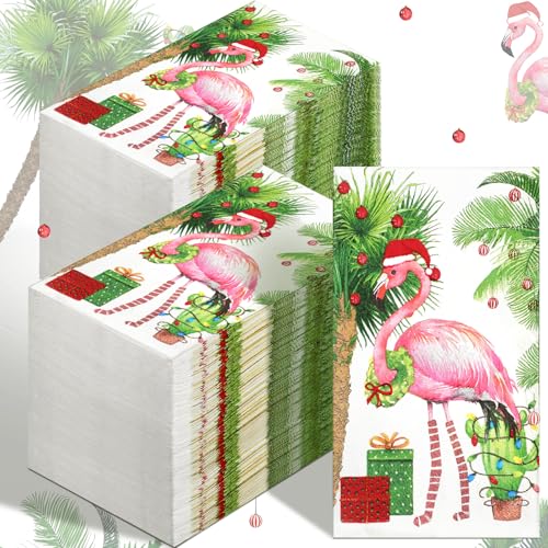 Epakh 200Pcs Christmas Flamingo Napkins Pink Flamingos with Christmas Hat, 4.3x7.9in folded