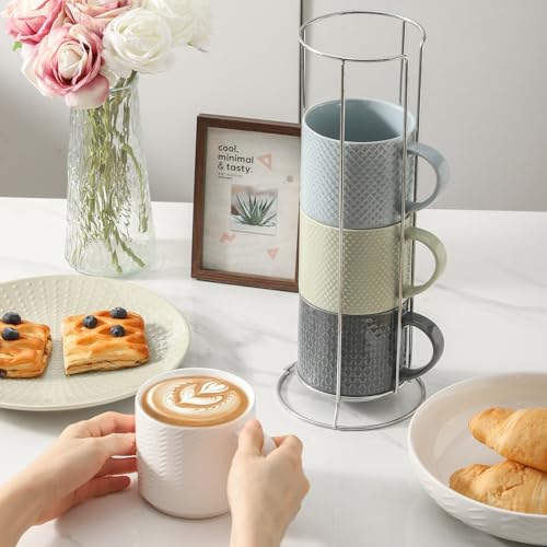 HASENSE Multicolor 15 oz Ceramic Coffee Mug Set with Metal Stand, Stackable Latte Cups for Tea & Cappuccino