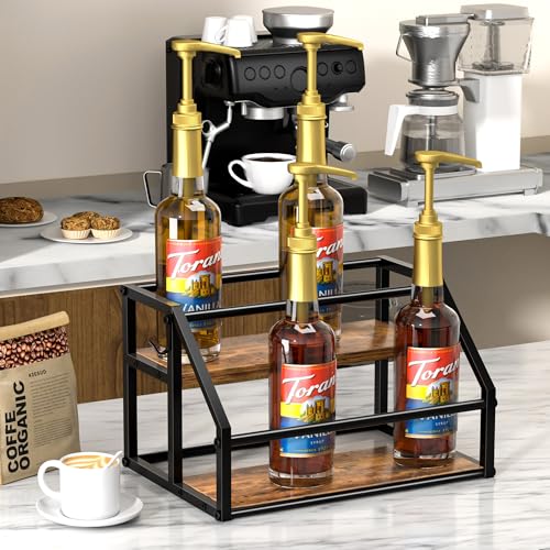 2-Tier Coffee Syrup Rack Organizer for 8 Bottles, Rustic Wood & Metal Stand