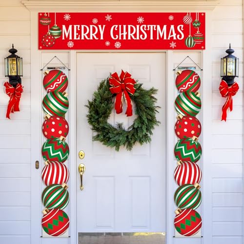 Buryeah 3 Pcs Christmas Door Decorations Outdoor Ball Banner Set - Red & Green