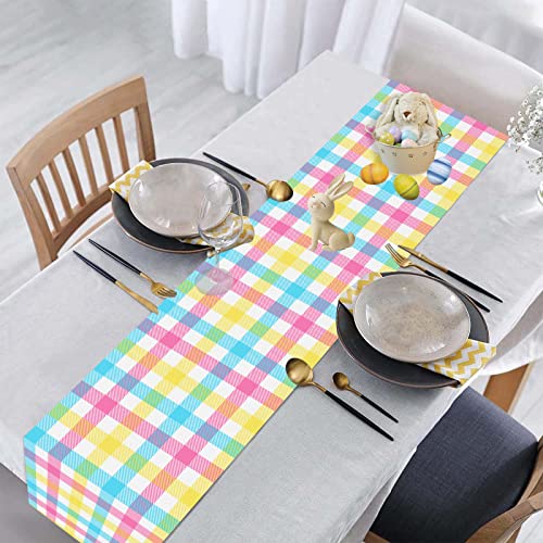 Buffalo Plaid Table Runner 13 x 72 in Linen Look, FJPT Easter Blue Pink Yellow