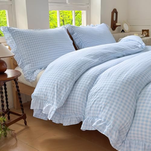 Light Blue Gingham Twin Duvet Cover Set with Ruffles - Plaid Bedding