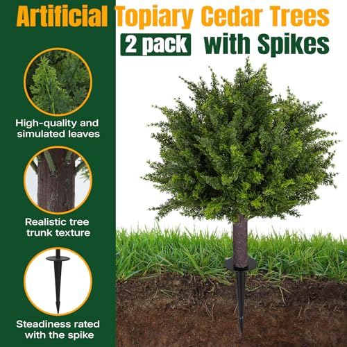 24.5-Inch Artificial Cedar Topiary Trees, UV-Resistant Outdoor Shrubs (2 Pack)