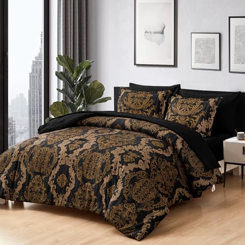 Black Gold Damask Comforter Set Queen Size - 7 Piece Bed in a Bag