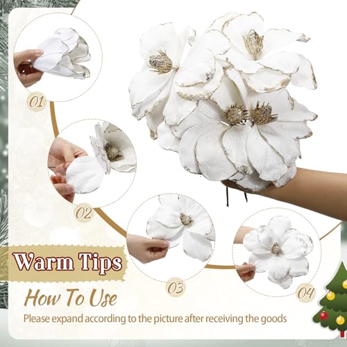 Outus White Velvet Christmas Tree Decorations Set with Glitter Magnolia Flowers & Ornaments