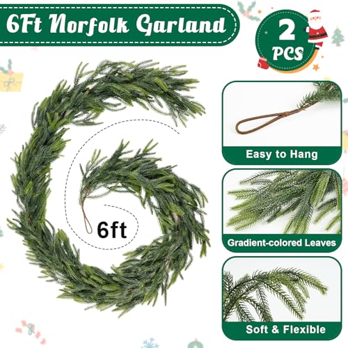 NNG 2 Pack 6Ft Fake Norfolk Pine Garlands - Realistic Indoor & Outdoor Holiday Decor