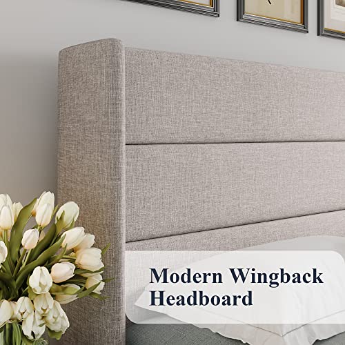 Queen Size Hydraulic Lift Up Storage Bed Frame - Light Beige Wingback
