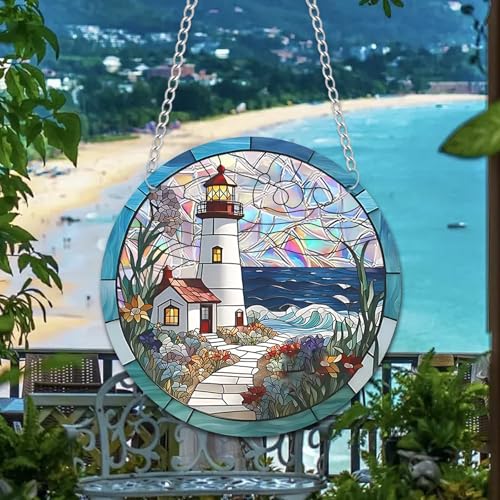 Stained Glass Lighthouse Suncatcher - Round Window Panel Art