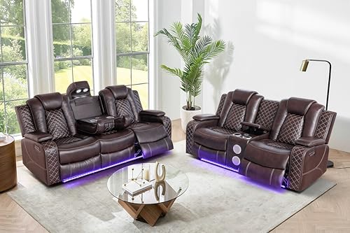 3-Piece Power Reclining Sofa Set with LED Lighting, Bluetooth & USB Charging