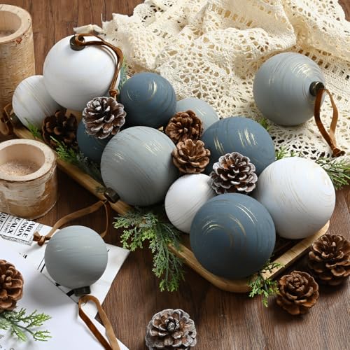 Waipfaru 14Pcs Neutral Textured Christmas Ball Ornaments, 2.36"/3.15", White Gray Dark Blue – Shatterproof, Coastal Winter Twilight