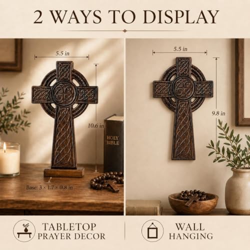 10-Inch Hand-Carved Wooden Celtic Cross Wall Art for Home Decor