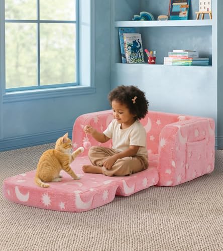 2-in-1 Fold Out Toddler Couch with Blanket and Glow-in-the-Dark Pillow