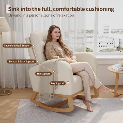 Modern Linen Upholstered Rocking Chair with Side Pocket - Beige Glider