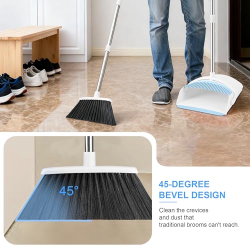 Broom and Dustpan Set with Comb Teeth & Adjustable Long Handle