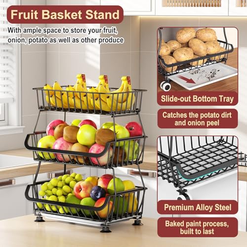 3-Tier Rolling Pantry Cart, Stackable Wire Fruit & Vegetable Basket Stand