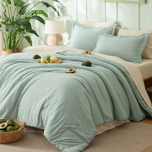 Queen Comforter Set in Sage Green - 7 Piece Bedding Set