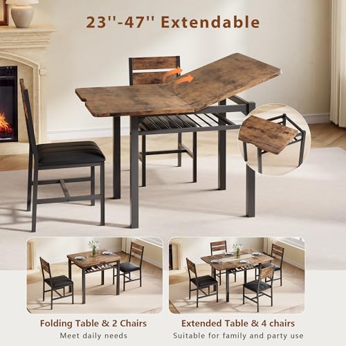 5-Piece Extendable Dining Table Set with 4 PU Leather Chairs & Storage Rack