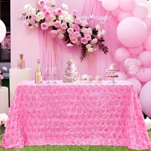 B-COOL 90x156 Inch Pink 3D Rosette Satin Tablecloth - Rectangular