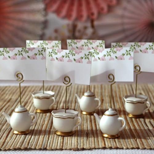 Teapot and Teacup Place Card Holders, Pink Resin Table Decor - Set of 6