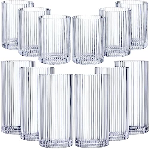 12 Pcs Ribbed Drinking Glass Set - Clear Vintage Highball Glasses 9 oz & 12 oz