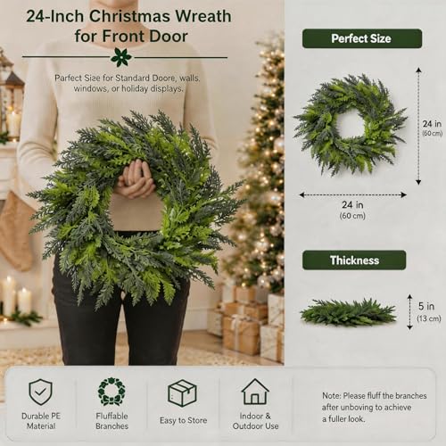 24 Inch Cedar Christmas Wreath for Front Door - Realistic Artificial Evergreen