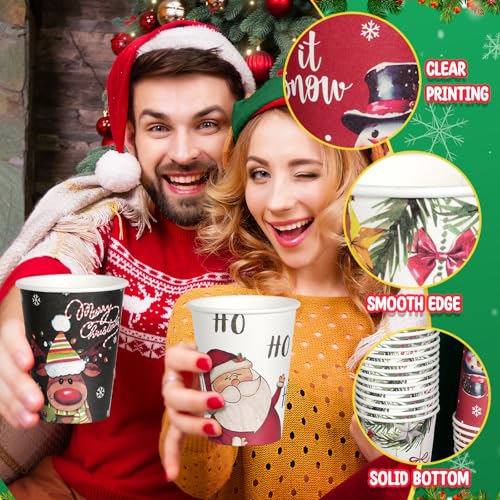 Hallswl 200Pcs 12 oz Christmas Paper Cups with Lids - Santa Snowman Holly Design (40 per pattern)