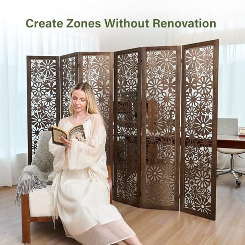 6-Panel Folding Wood Room Divider, 5.6ft Tall Daisy-Carved Privacy Screen