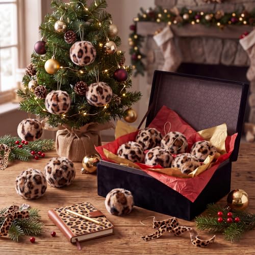 Leopard Print Christmas Ornaments - Faux Fur Balls for Holiday Decor, 2.3 Inches, Set of 12
