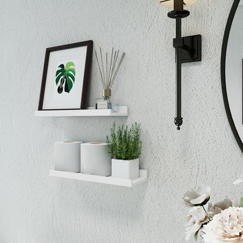 White Floating Shelves with Lip Set of 2 - 14-Inch Picture Ledge Wall Shelves