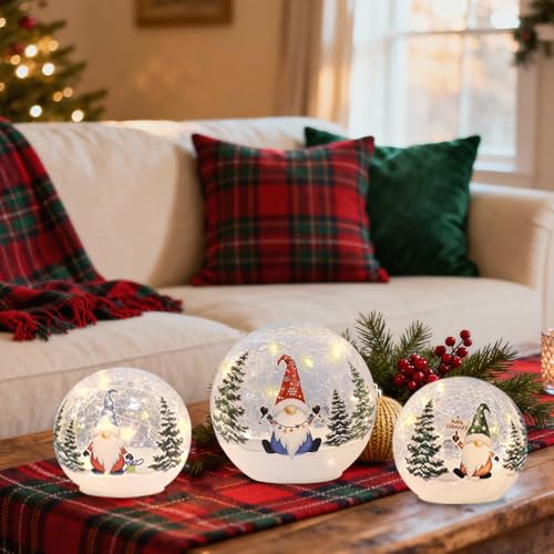 Lighted Christmas Gnome Crackle Glass Globes - Set of 3 with Timer