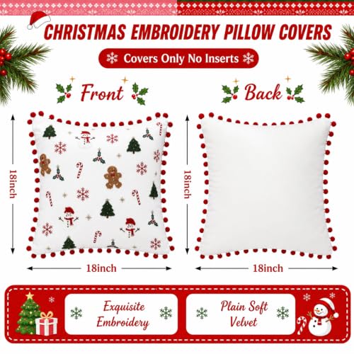 Oudain Christmas Tree Pillow Covers 18x18 Set of 2 with Red Pom Pom Trim - Gingerbread Man & Snowman December Holiday Throw Cushions, 18x18, Velvet