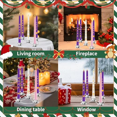 Advent Wreath Candle Holder Set with 5 Taper Candles - Silver Christmas Ring