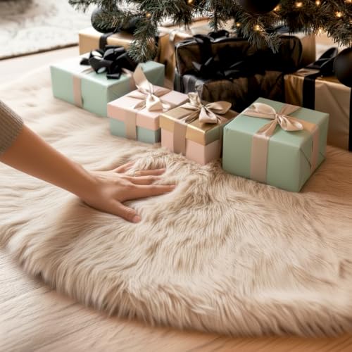 Beige Faux Fur Christmas Tree Skirt 48 Inch Plush Holiday Decoration