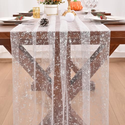 Joanlody Silver Glitter Tulle Table Runner 28x120 Inches - Winter Wedding & Holiday Decor, 4 Pack