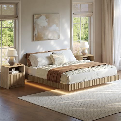 3-Piece Queen Floating Bed Frame Set with LED Lights & Matching Nightstands