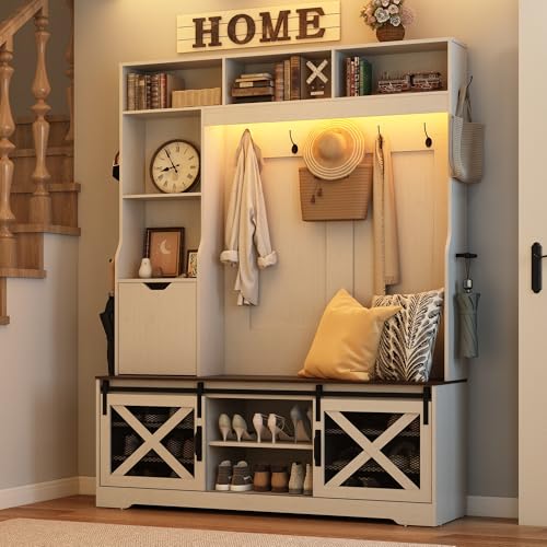Large LED Farmhouse Hall Tree with Entryway Bench and Shoe Storage